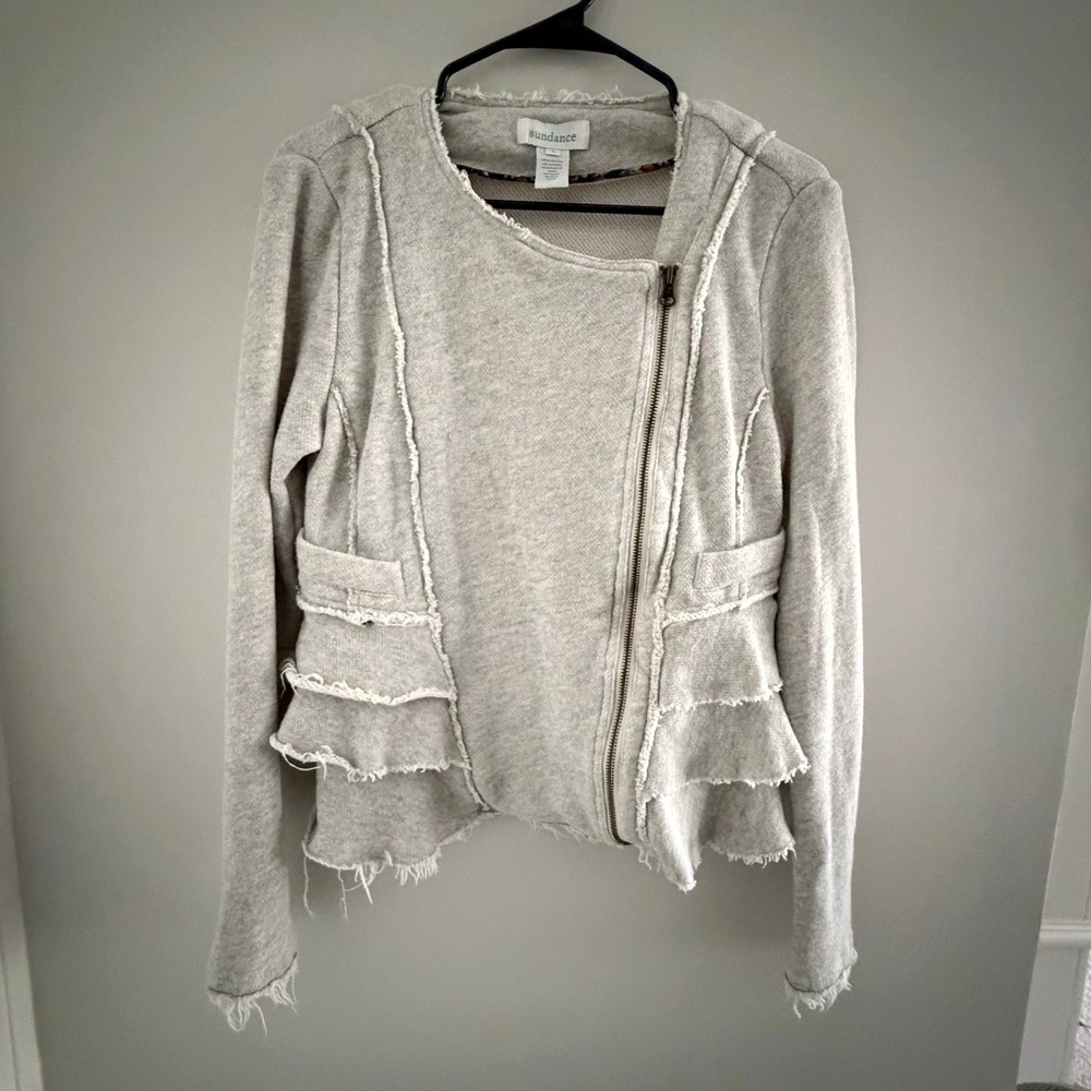 Sundance Gray Ruffled Joy Jacket Raw Edge Terry Cotton S Boho Moto Feminine